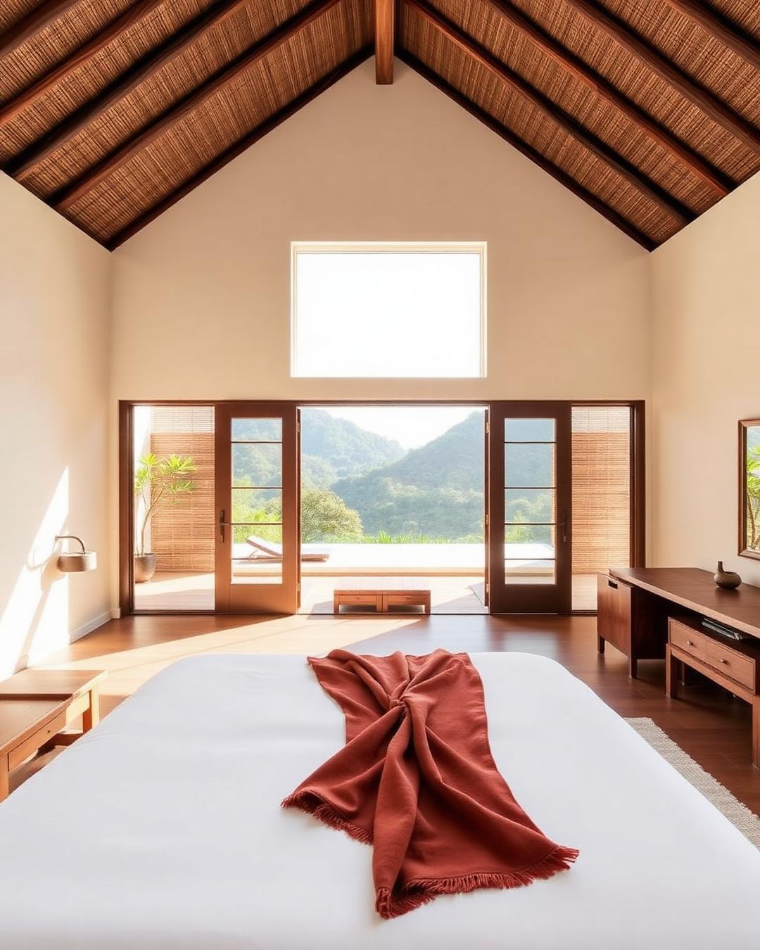 Villa bedroom with king bed and teak ceiling opening onto the pool