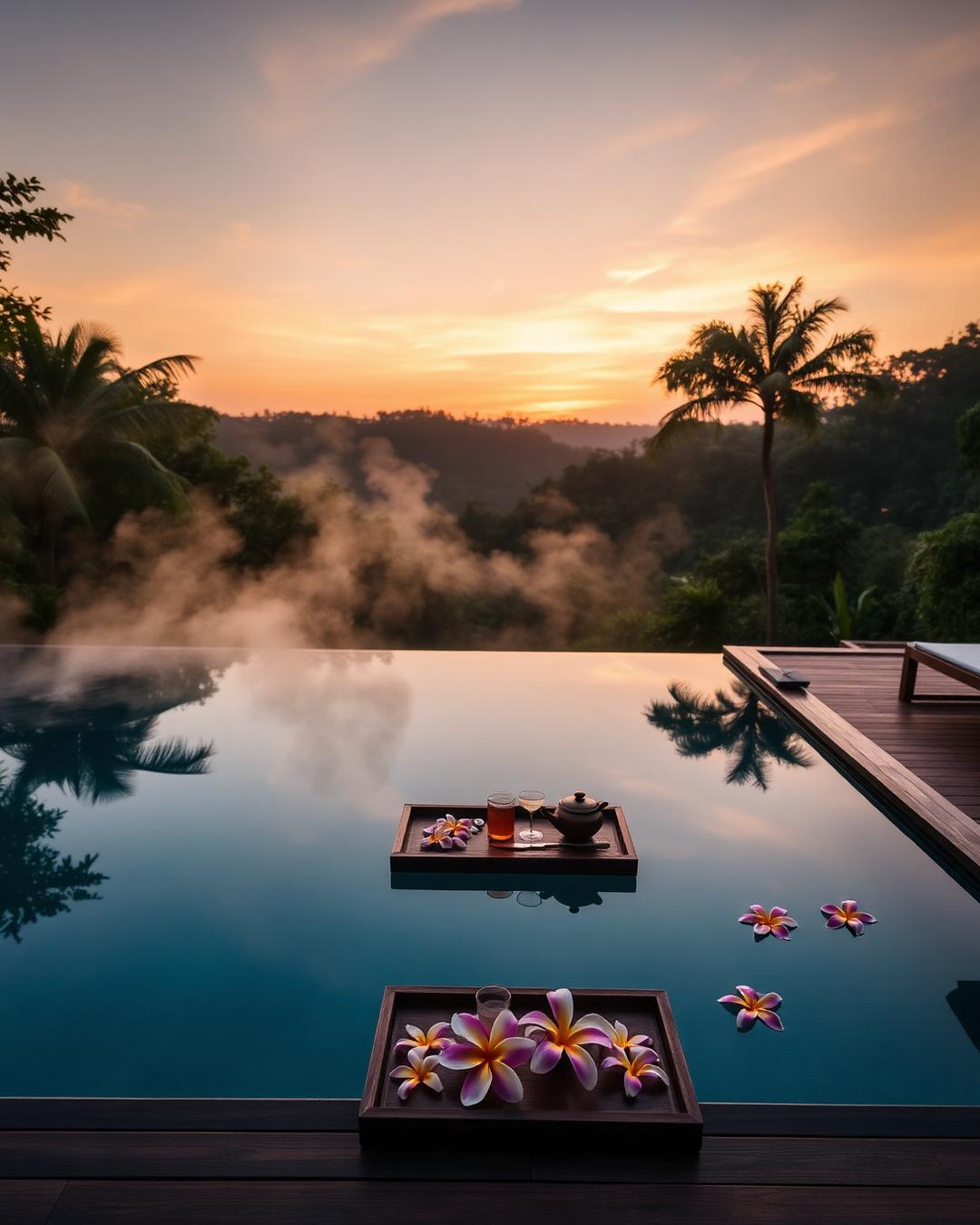 Private infinity pool at sunrise with floating breakfast tray